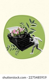 3d retro abstract creative artwork template collage of excited guy typing love letter isolated painting background