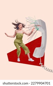 3d retro abstract creative artwork template collage of funky lady talking vintage phone isolated painting background