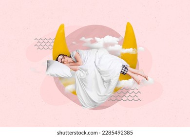 3d retro abstract creative artwork template collage of happy smiling lady sleeping moon isolated painting background