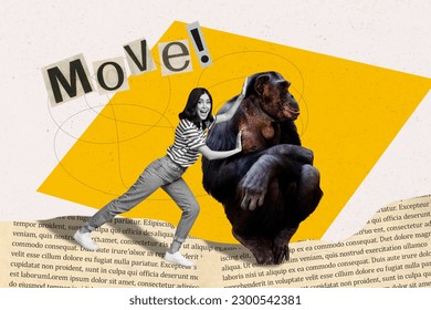 3d retro abstract creative artwork template collage of young female pushing try move animal monkey pet primate wild zoo text read page