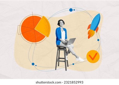 3d retro abstract creative artwork template collage of happy young businesswoman sitting chair data success statistics rocket fly start up - Powered by Shutterstock