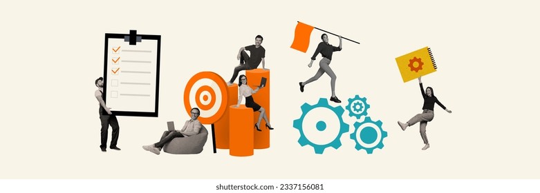 3d retro abstract creative artwork template collage of excited colleagues working as one hole mechanism isolated painting background