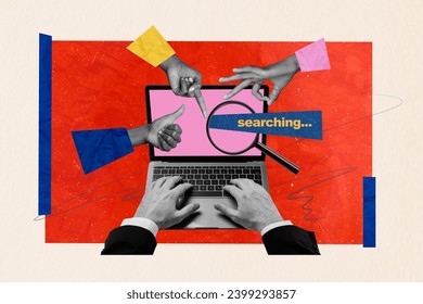 3d retro abstract creative artwork template collage arms searching work vacancies modern device isolated painting background