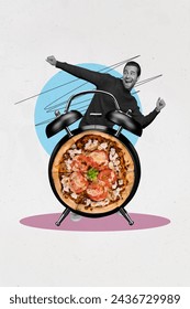 3d retro abstract creative artwork template collage of excited man dancer clock timer pizza food delivery weird freak bizarre unusual