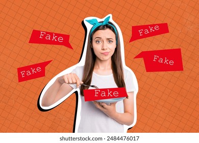 3d retro abstract creative artwork template collage of doubtful unsure lady eating fake news isolated painting background