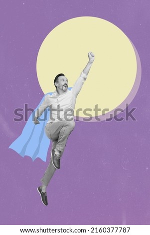 3d retro abstract creative artwork template collage of purposeful age superman flying moon isolated violet purple color background