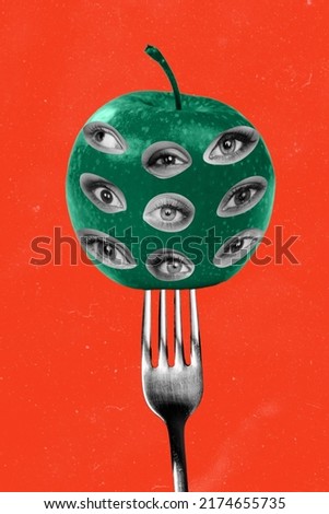 3d retro abstract creative artwork template collage of utensil stick green apple many crowd eyes isolated red color background