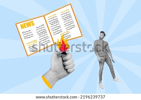 3d retro abstract creative artwork template collage of amazed man big hand hold lighter fire burn news paper isolated painting background