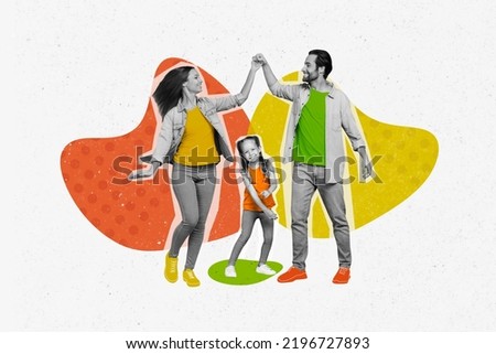 3d retro abstract creative artwork template collage of happy cheerful cute family mother father daughter dancing enjoy weekend holiday