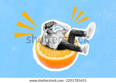 3d retro abstract creative artwork collage of man sitting half orange fruit excited wear virtual reality glasses impressed virtual world