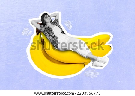 3d retro abstract creative artwork template collage of relaxed woman hand behind head lying big bunch cluster bananas have rest sleeping