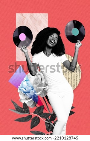 3d retro abstract creative artwork template collage of charming funny lady rising two vinyl plates isolated painting background