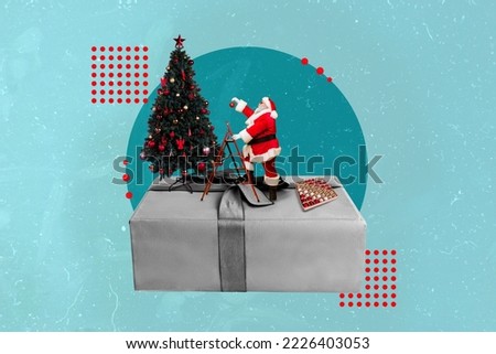 3d retro abstract creative artwork template collage of little santa claus climbing ladder decorate adorn christmas new year tree giftbox