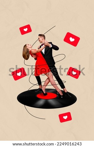 3d retro abstract creative artwork template collage of dancing young couple dress suit tango vinyl retro vintage recorder heart love icons