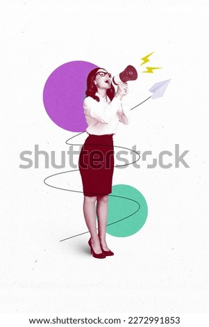 3d retro abstract creative artwork template collage of excited lady worker screaming loudspeaker isolated painting background