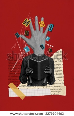 3d retro abstract creative artwork template collage of guy palm instead head reading book isolated painting background