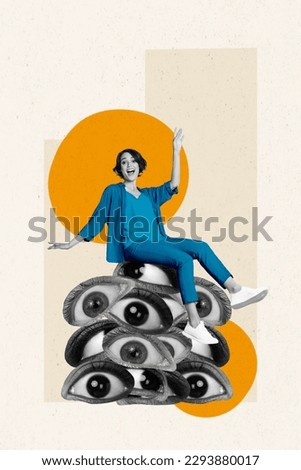 3d retro abstract creative artwork template collage of smiling happy lady sitting huge big eyes piles isolated painting background