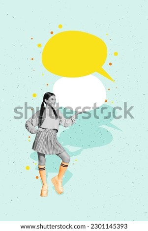 3d retro abstract creative artwork template collage of smiling funny lady speaking bubbles empty space isolated painting background
