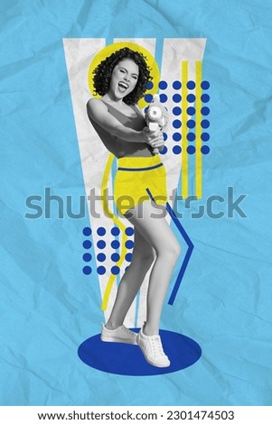 3d retro abstract creative artwork template collage of funny excited lady shooting water gun isolated painting background