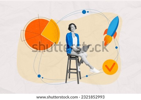 3d retro abstract creative artwork template collage of happy young businesswoman sitting chair data success statistics rocket fly start up