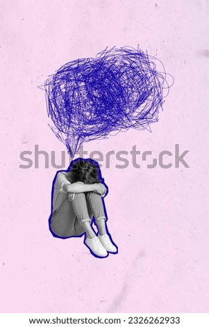 3d retro abstract creative artwork template collage of anxious depressed stressed young female crying hug knees mess chaos thoughts