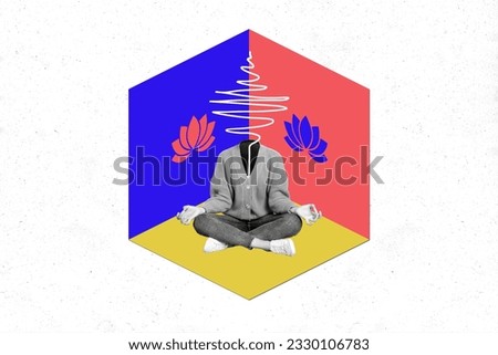 3d retro abstract creative artwork template collage of sitting yoga meditate posing walls apartment headless relax mental health