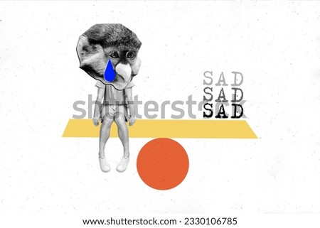 3d retro abstract creative artwork template collage of sad unhappy upset monkey primate pet crying sitting balance scales mental health