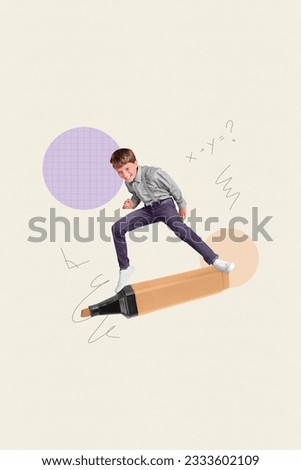 3d retro abstract creative artwork template collage of excited energetic funny little boy schoolboy have fun run marker write study learn