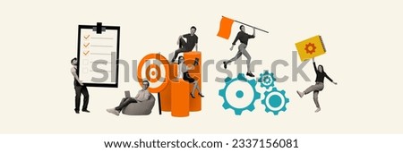 3d retro abstract creative artwork template collage of excited colleagues working as one hole mechanism isolated painting background