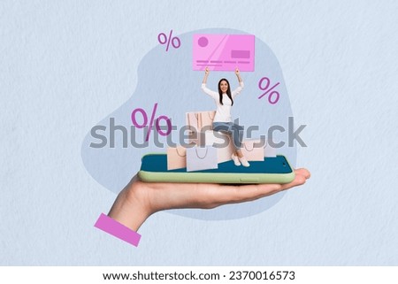 3d retro abstract creative artwork template collage of little woman hold credit card sitting telephone device screen online shopping promo