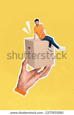 3d retro abstract creative artwork template collage of excited guy getting online shopping order isolated yellow color background