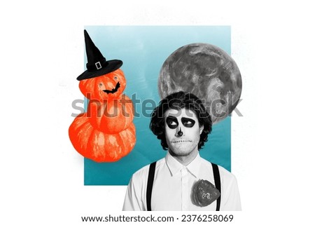 3d retro abstract creative artwork template collage of confused look mexican gentleman caballero halloween party pumpkins decor pile