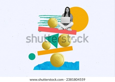 3d retro abstract creative artwork template collage of young female banker risk taker working netbook economist keep balance golden coins