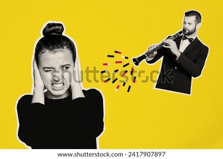 3d retro abstract creative artwork template collage of confused female cover ears bad music weird freak bizarre unusual fantasy billboard