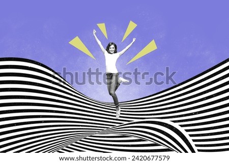 3d retro abstract creative artwork template collage of excited funky lady jumping high rising fists isolated painting background