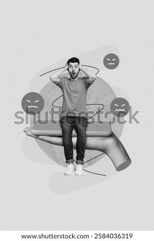 3d retro abstract creative artwork template collage of astonished shocked man sitting hand holding smartphone negative comment social media