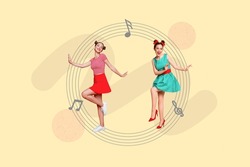 3d Retro Abstract Creative Collage Artwork Template Of Smiling Happy Ladies Dancing Having Fun Together Isolated Painting Background
