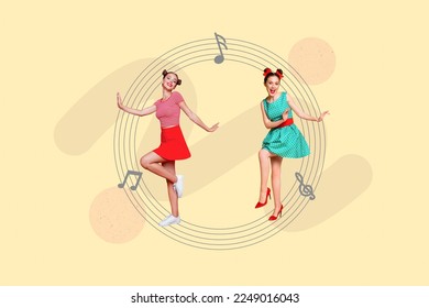 3d retro abstract creative collage artwork template of smiling happy ladies dancing having fun together isolated painting background