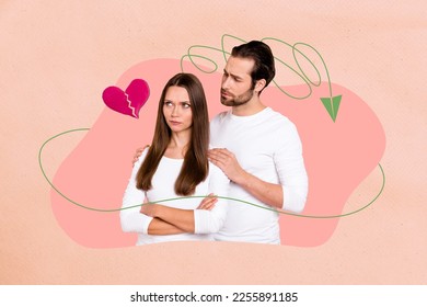 3d retro abstract creative collage artwork template of unhappy couple having 14 february quarrel isolated painting background