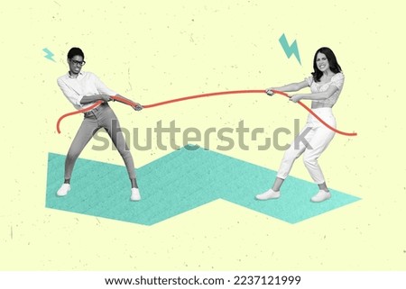 3d retro abstract creative collage artwork template of two girlfriends pulling rope isolated painting background