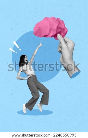 3d retro abstract creative collage artwork template of excited lady pointing finger paper brain isolated painting background