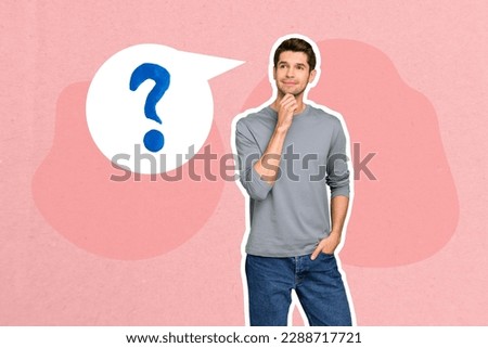 3d retro abstract creative collage artwork template of happy thoughtful guy having question painting background