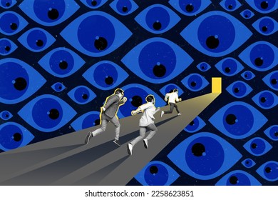 3d retro artwork template collage of three running man escaping darkness door lightness many big eyes spying superintend supervision