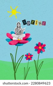 3d retro creative artwork template collage funny cute small kid sitting flower pointing spring word isolated painting background