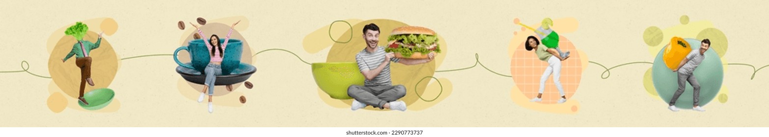 3d retro creative artwork template collage of smiling friends choosing food deliver delivery isolated painting background