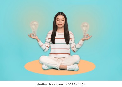 3d retro creative artwork template collage of asian female girl practicing yoga holding hands lamps isolated teal turquoise color background