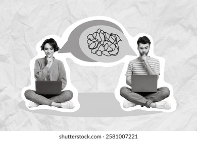 3d retro creative artwork template collage of thoughtful lady guy exchanging emails online dating isolated painting background