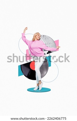 3d retro creative artwork template collage of smiling excited lady enjoying dancing vintage event isolated painting background