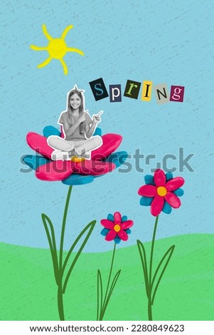3d retro creative artwork template collage of funny cute small kid sitting flower pointing spring word isolated painting background