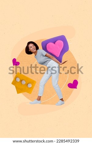 3d retro creative artwork template collage of smiling funny lady holding carrying big love feedback sign isolated painting background